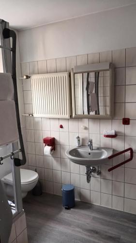 a bathroom with a sink and a toilet and a mirror at Büdingen-Ferienwohnung Bausch in Büdingen