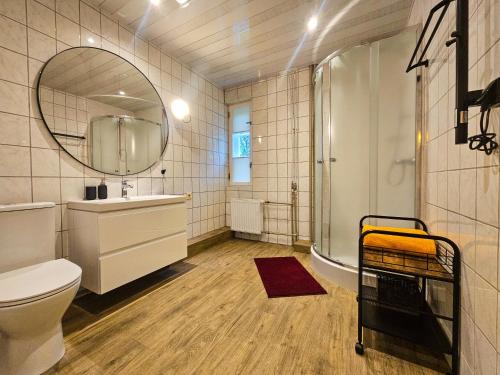 a bathroom with a toilet and a sink and a shower at B5 Jurmala Apartments in Jūrmala