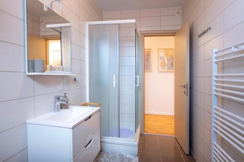 a bathroom with a white sink and a shower at Aurea Lika - Gospic in Gospić