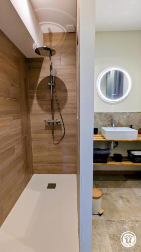 a bathroom with a shower and a sink at Clos de Vellerot in Saint-Pierre-en-Vaux
