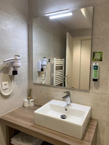 a bathroom with a sink and a large mirror at Logis Hotel Restaurant de l'Abbaye in Ferrières