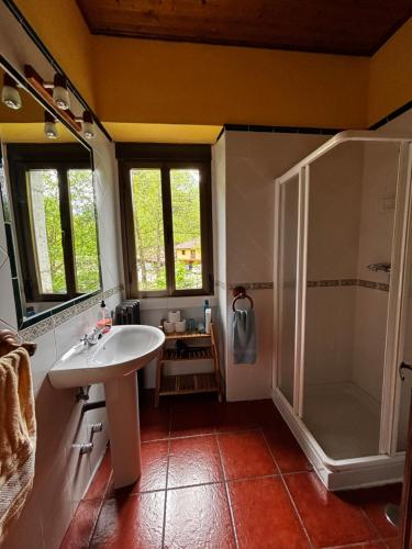 a bathroom with a sink and a shower at Apartamentos Dos Aguas in Aguasmestas
