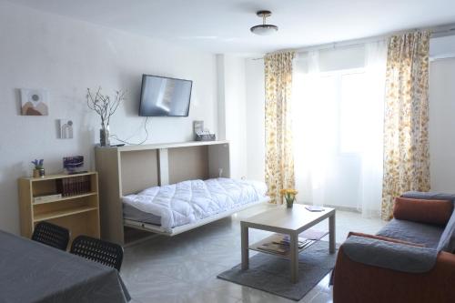 a living room with a bed and a couch at Apartamento Pinilla Lagunas de Villafáfila in Manganeses de la Lampreana