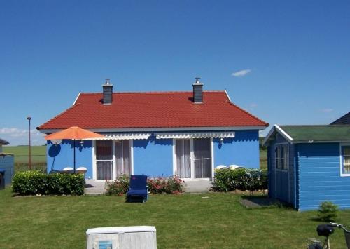 a blue house with a red roof and an umbrella at Ferienhaus B2 Concordiasee in Friedrichsaue