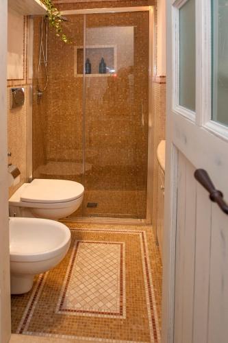 a bathroom with a shower and a toilet and a sink at Antica casa Scesciola in Rutigliano