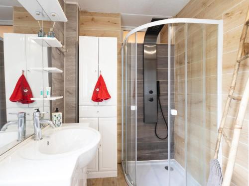 a bathroom with a shower and a sink at Gîte De L'alliance in Lannion
