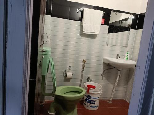a bathroom with a green toilet and a sink at The Blooming Tulip in Shergaon