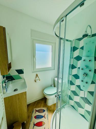 a bathroom with a toilet and a glass shower at Entre Terre & Sel in Clohars-Carnoët