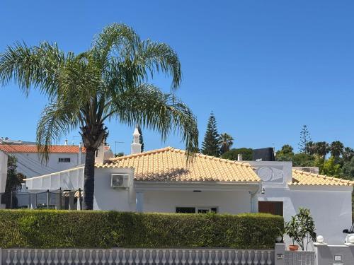 a white house with a palm tree in front of it at Villa Alvoria in Alvor