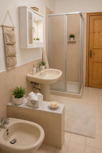 a bathroom with a sink and a toilet and a shower at Casa vacanze "Ellen" - AAUT in Bianchi