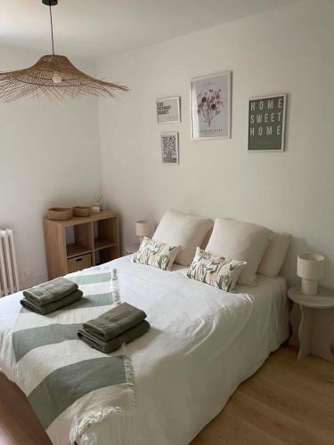 a bedroom with a white bed with two pillows on it at Maison Oria in Souvigny