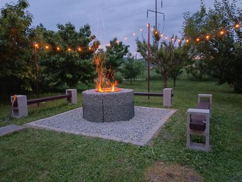 a fire pit in the middle of a field with lights at Cabana Petersdorf in Petreşti