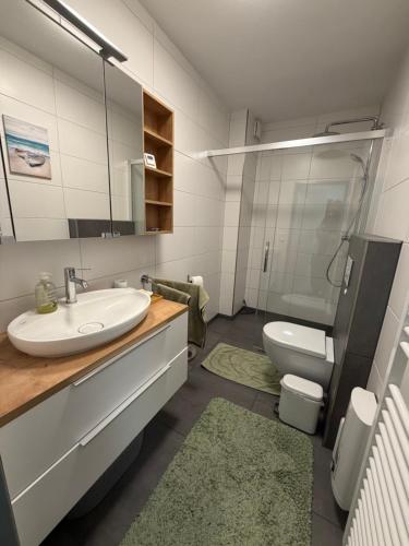 a bathroom with a sink and a toilet at Ferienwohnung Janni in Bad Zwischenahn