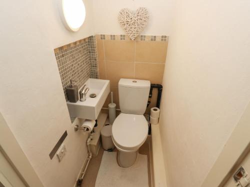 a small bathroom with a toilet and a sink at Riverview Cottage in Holmfirth