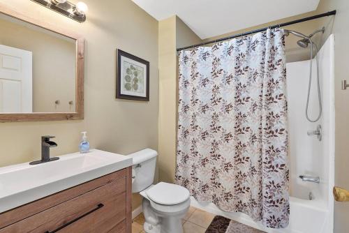 a bathroom with a toilet and a shower curtain at Cozy Corner in Oswego