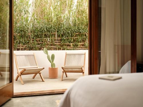 a bedroom with two chairs and a cactus on a patio at Hotel Los Patios - Parque Natural in Rodalquilar