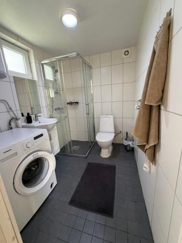 a bathroom with a washing machine and a toilet at Cozy Cottage in Södertälje