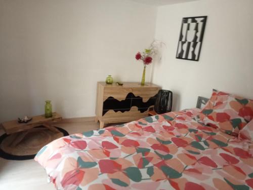 a bedroom with a bed with a colorful comforter at Villa René in Lacanau