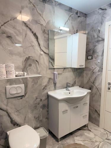 a bathroom with a white toilet and a sink at Villa Moste Ljubljana - Modern apartments with Pool, EV station & free parking in Ljubljana