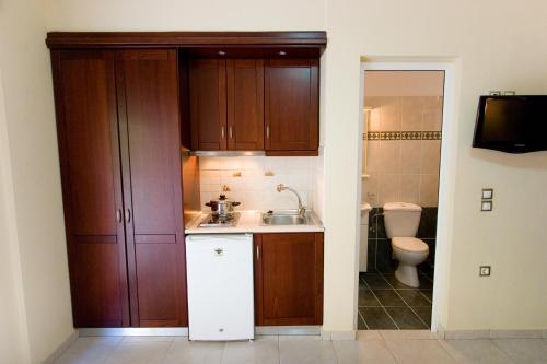 a small kitchen with a sink and a toilet at Hotel Viana in Loutra Edipsou