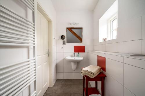 a white bathroom with a sink and a mirror at Hotel Bolter Mühle - DZ Rapskammer in Rechlin