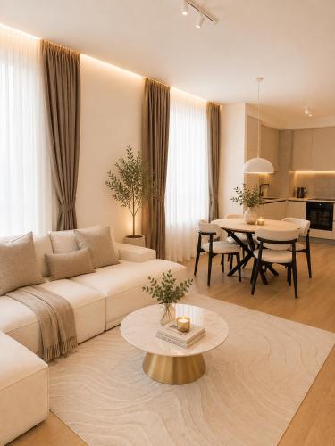 a living room with a couch and a table at Beograd na vodi-Belgrade Waterfront in Belgrade