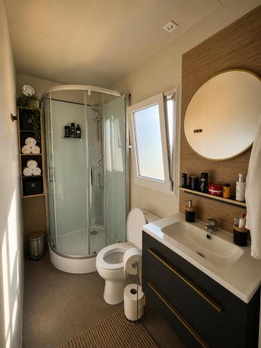 a bathroom with a shower and a toilet and a sink at SevenSeasCove in Sukošan