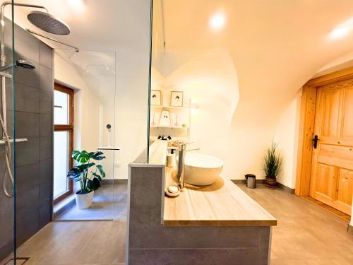 a bathroom with a sink and a glass shower at Luxury holiday home near Lake Bled & the Alps in Kropa