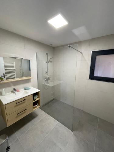 a bathroom with a shower and a sink at Mur des Horizons in Plouigneau