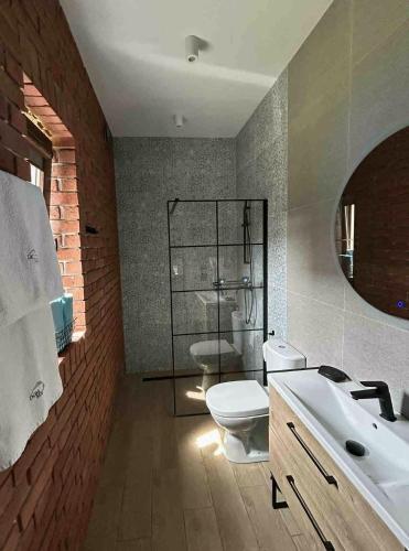 a bathroom with a toilet and a sink and a mirror at Dom Mierzeja in Kąty Rybackie