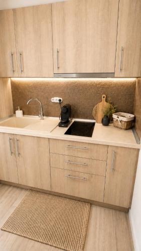 a kitchen with a sink and a counter top at Danny Arz Apartments in Iraklitsa