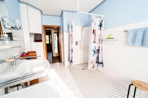 a bathroom with a sink and a shower at Int Dörpe in Lengerich