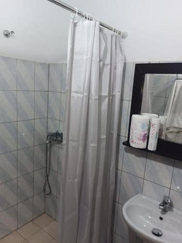 a bathroom with a shower curtain and a sink at Altin Prendi B&B in Divjakë