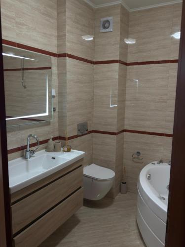 a bathroom with a sink and a toilet and a tub at Luxury Waterfront Apartment in Boka Bay, Stollywood in Donji Stoliv