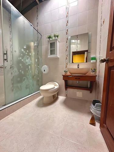 a bathroom with a shower and a toilet and a sink at Quimbaya Private House in Quimbaya