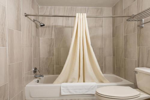 a bathroom with a shower curtain and a toilet at Highlander Inn Cleveland Beachwood Near I-480 in North Randall