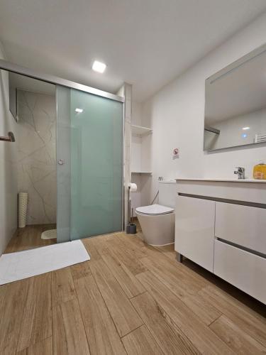 a bathroom with a glass shower and a toilet at Celeiro do Avô in Santana