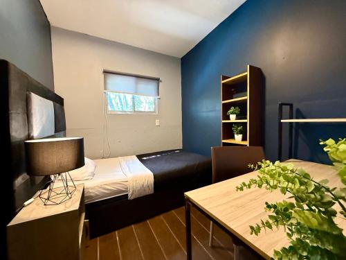a bedroom with two beds and a blue wall at R&A Hostal in Mexico City
