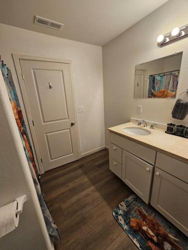 a bathroom with a sink and a mirror at Earl Street Retreat Unit A in Stanfield