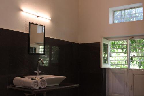 a bathroom with a sink and a mirror and a window at The chocolate frog in Thūr
