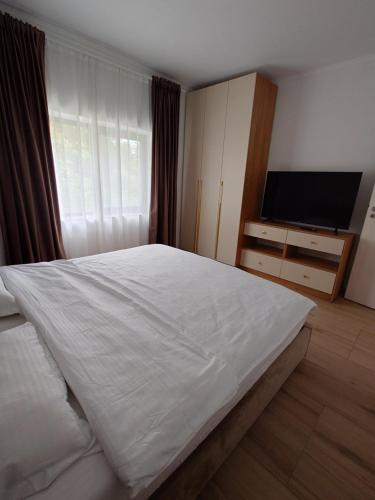 a bedroom with a white bed and a flat screen tv at Casa David in Băile Govora