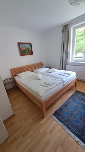 a bedroom with a bed in a room with a window at Nanus Sommerfrische in Hardegg