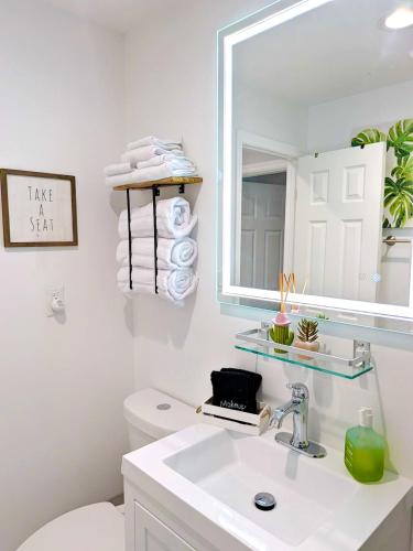a bathroom with a sink and a mirror and a toilet at Heavenly Hideaway in Daytona Beach
