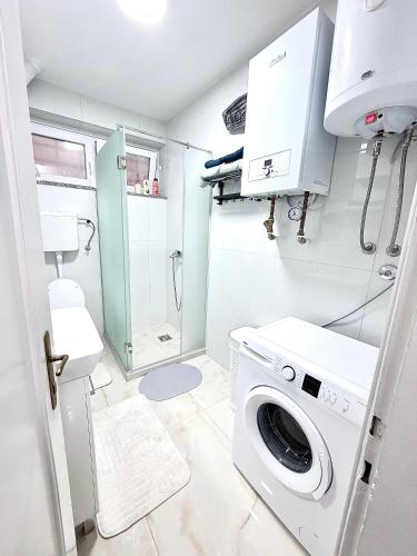 a bathroom with a washing machine and a shower at Lucky apartman in Šabac