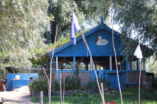 a blue building with a flag in front of it at Murighiol Excursii in Murighiol