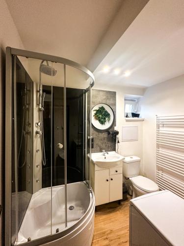 a bathroom with a shower and a toilet and a sink at IN Apartments in Prešov
