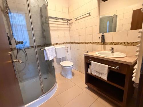 a bathroom with a shower and a toilet and a sink at Livora Boutique in Budapest
