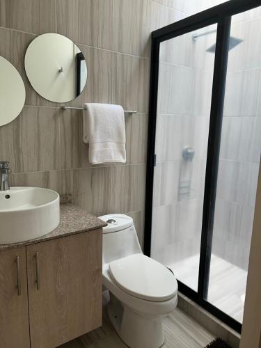 a bathroom with a toilet and a sink and a mirror at Comfortable, equipped house for long stays in Juriquilla