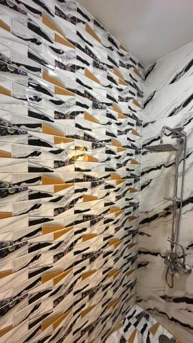 a bathroom with a wall full of books at مدينة الشرق الزرقاء in Az Zarqa