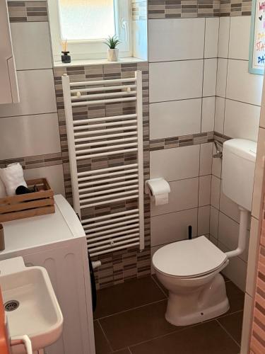 a small bathroom with a toilet and a sink at Kuća za odmor Gaia in Vukovar